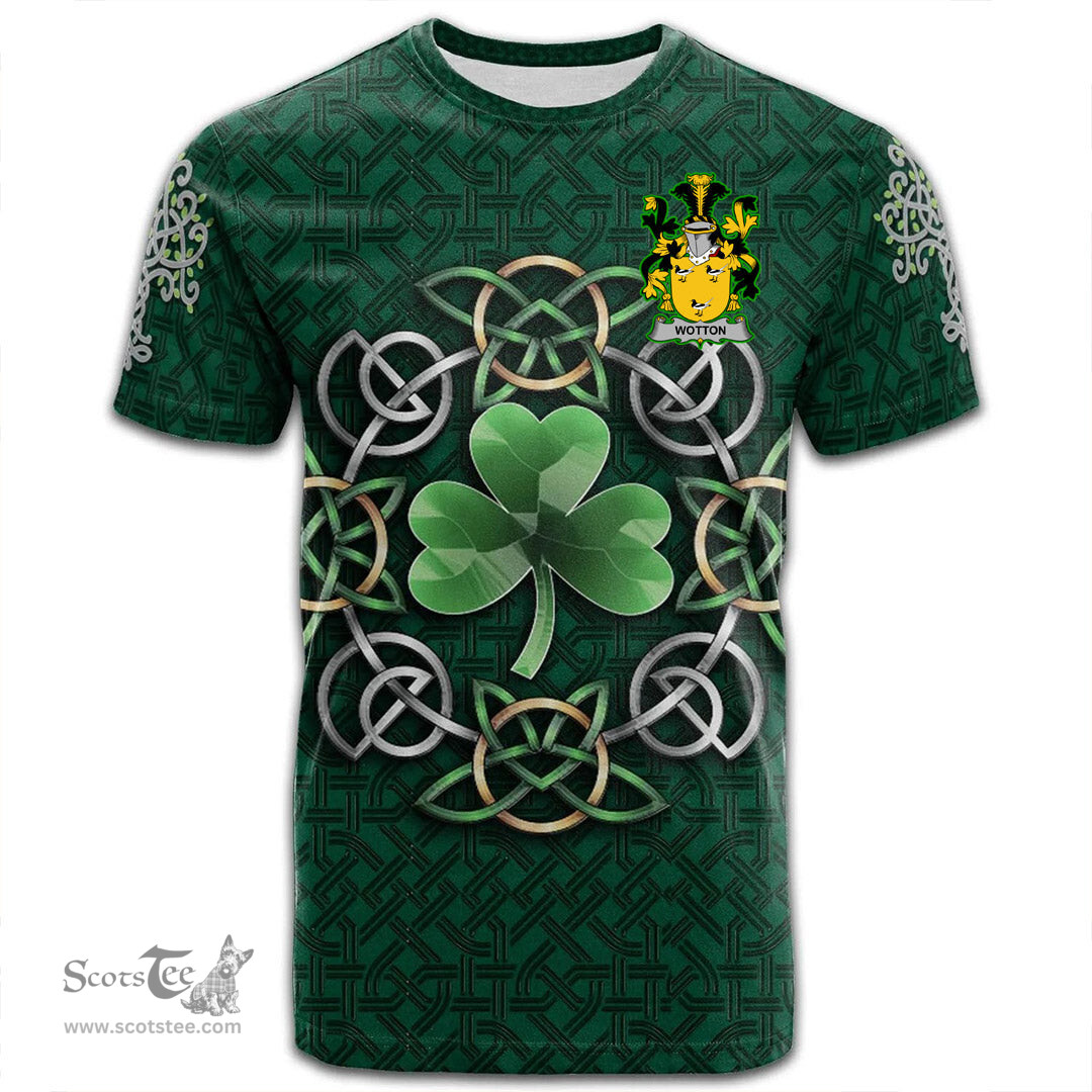 ScotsTee Shop Irish Wotton Coat of Arms Irish Crest T Shirt Irish Shamrock with Celtic Knot T Shirt