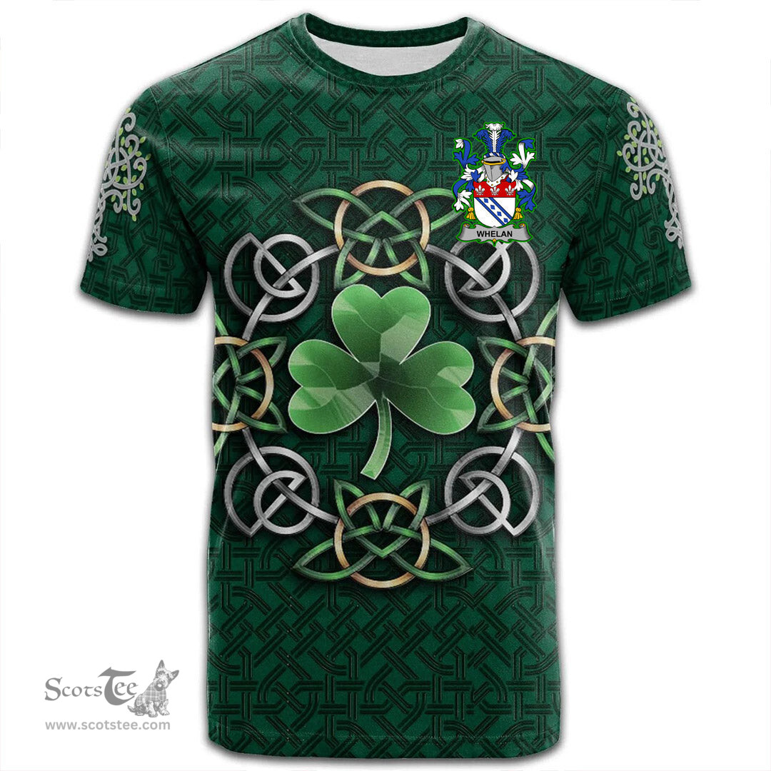 ScotsTee Shop Irish Whelan Coat of Arms Irish Crest T Shirt Irish Shamrock with Celtic Knot T Shirt