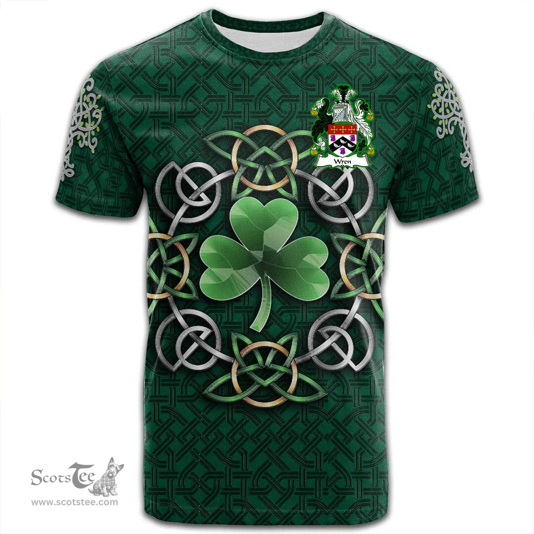 ScotsTee Shop Irish Wren or Wrenn Coat of Arms Irish Crest T Shirt Irish Shamrock with Celtic Knot T Shirt