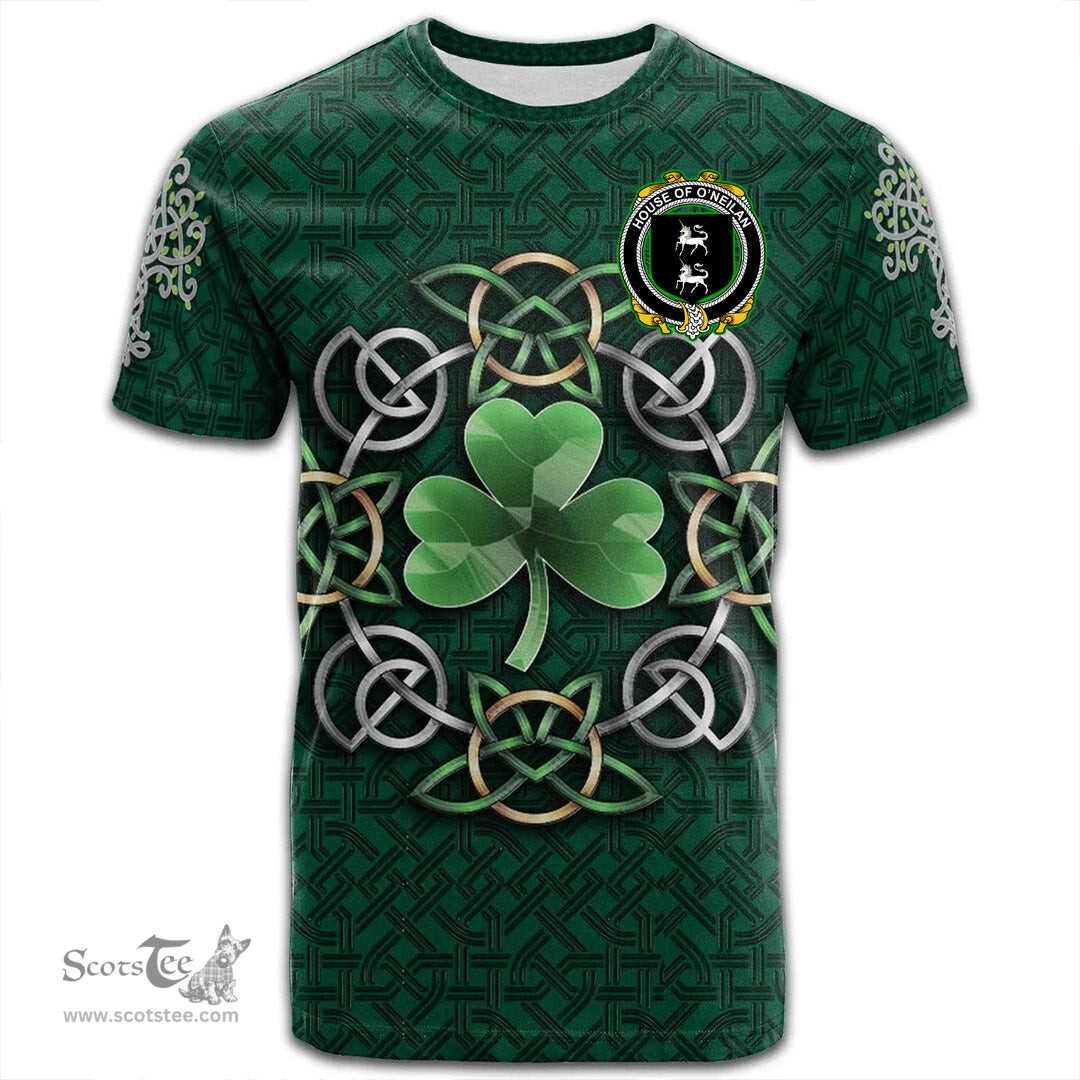 ScotsTee Shop Irish House of O NEILAN Coat of Arms Irish Crest T Shirt Irish Shamrock with Celtic Knot T Shirt