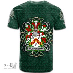 ScotsTee Shop Irish Wolverston Coat of Arms Irish Crest T Shirt Irish Shamrock with Celtic Knot T Shirt
