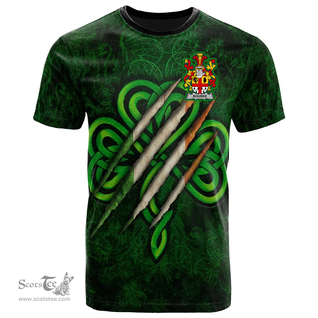 ScotsTee Shop Irish Bourke Coat of Arms Irish T Shirt Irish In Me Shamrock Scratch