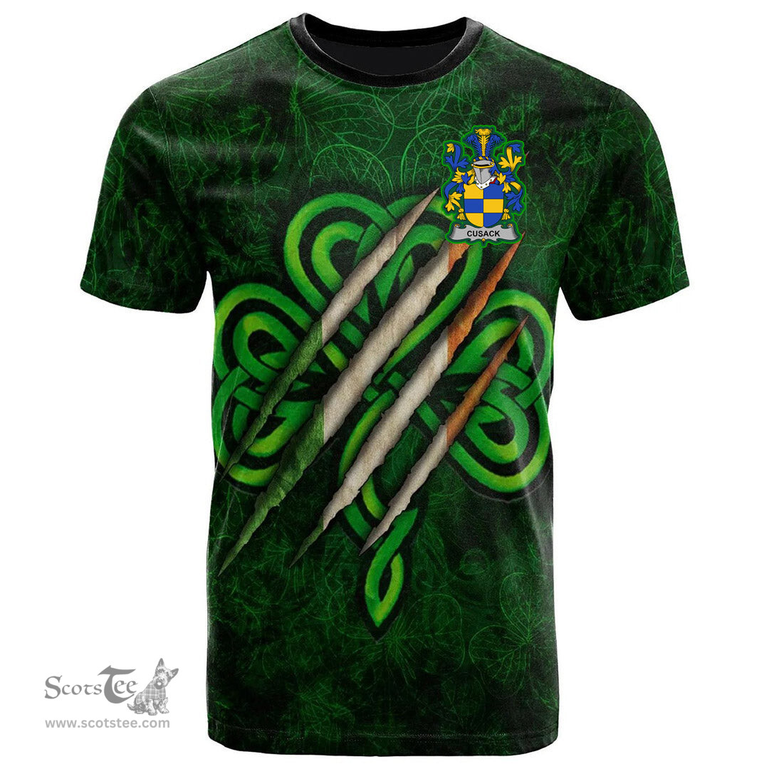 ScotsTee Shop Irish Cusack Coat of Arms Irish T Shirt Irish In Me Shamrock Scratch