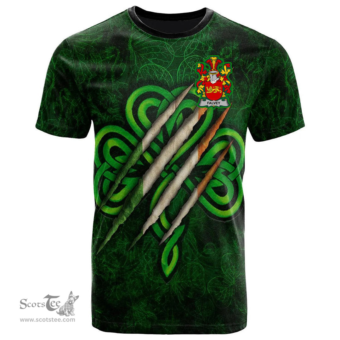 ScotsTee Shop Irish Falvey or O Falvey Coat of Arms Irish T Shirt Irish In Me Shamrock Scratch