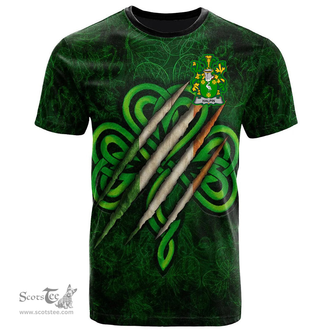 ScotsTee Shop Irish Halpin or O Halpin Coat of Arms Irish T Shirt Irish In Me Shamrock Scratch