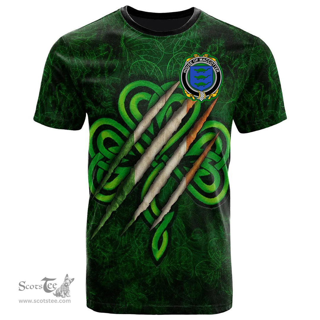 ScotsTee Shop Irish House of MACCOTTER Coat of Arms Irish T Shirt Irish In Me Shamrock Scratch