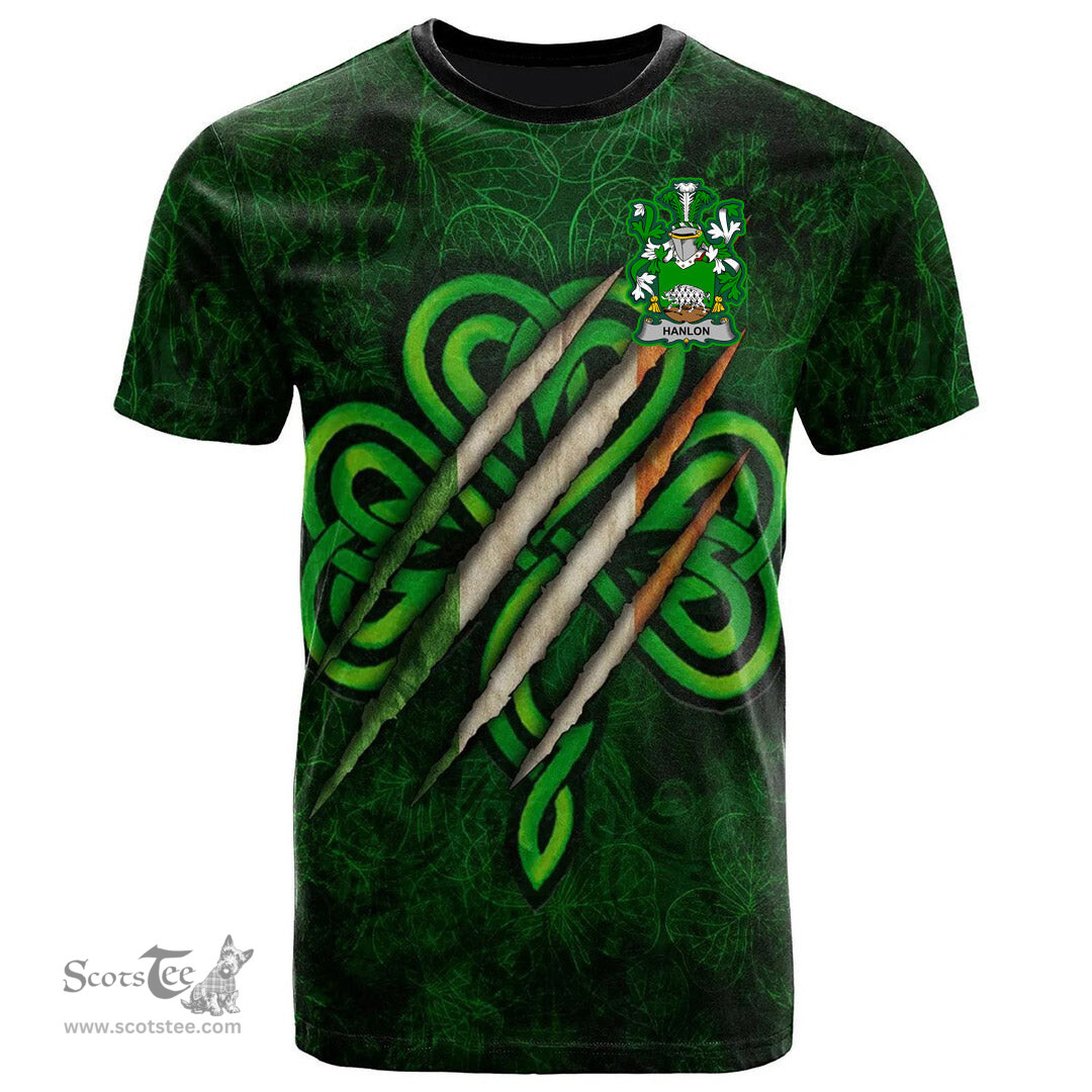 ScotsTee Shop Irish Hanlon or O Hanlon Coat of Arms Irish T Shirt Irish In Me Shamrock Scratch