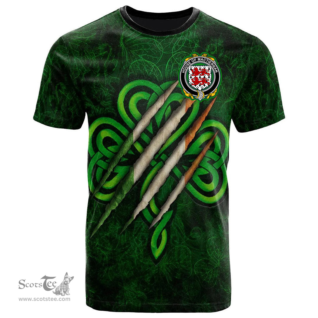 ScotsTee Shop Irish House of MACTIERNAN Coat of Arms Irish T Shirt Irish In Me Shamrock Scratch