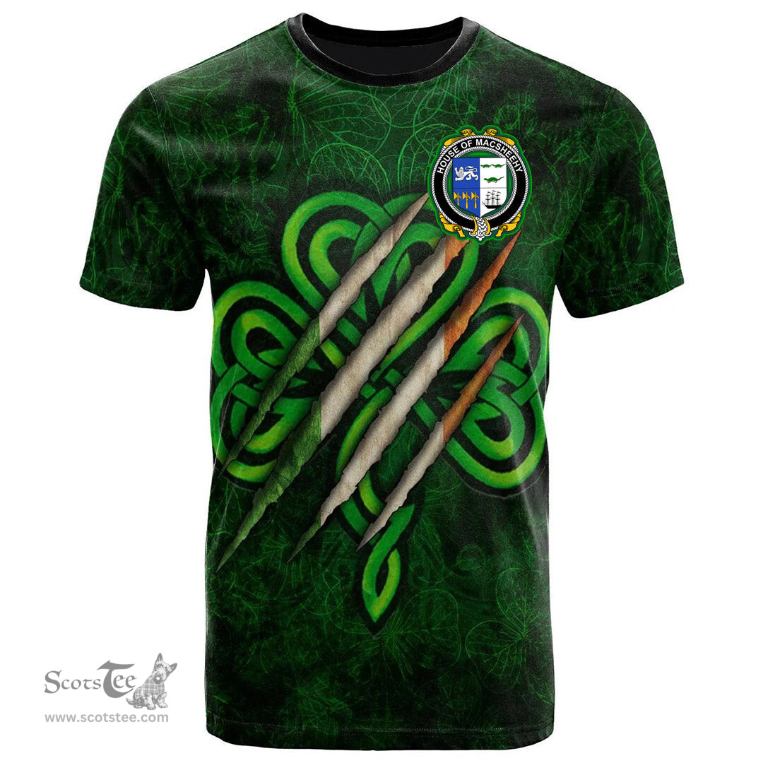 ScotsTee Shop Irish House of MACSHEEHY Coat of Arms Irish T Shirt Irish In Me Shamrock Scratch
