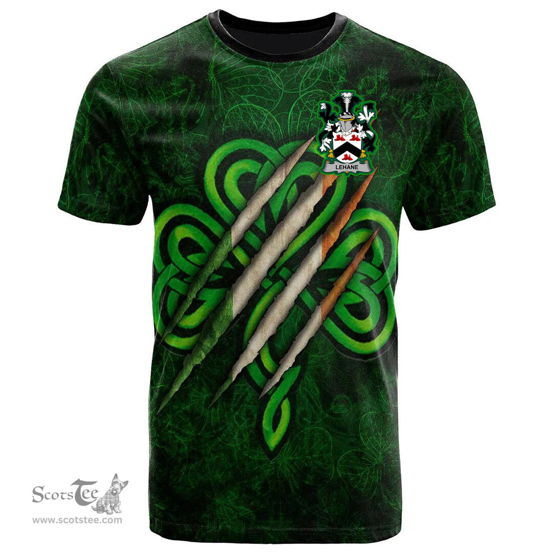 ScotsTee Shop Irish Lehane or O Lehane Coat of Arms Irish T Shirt Irish In Me Shamrock Scratch