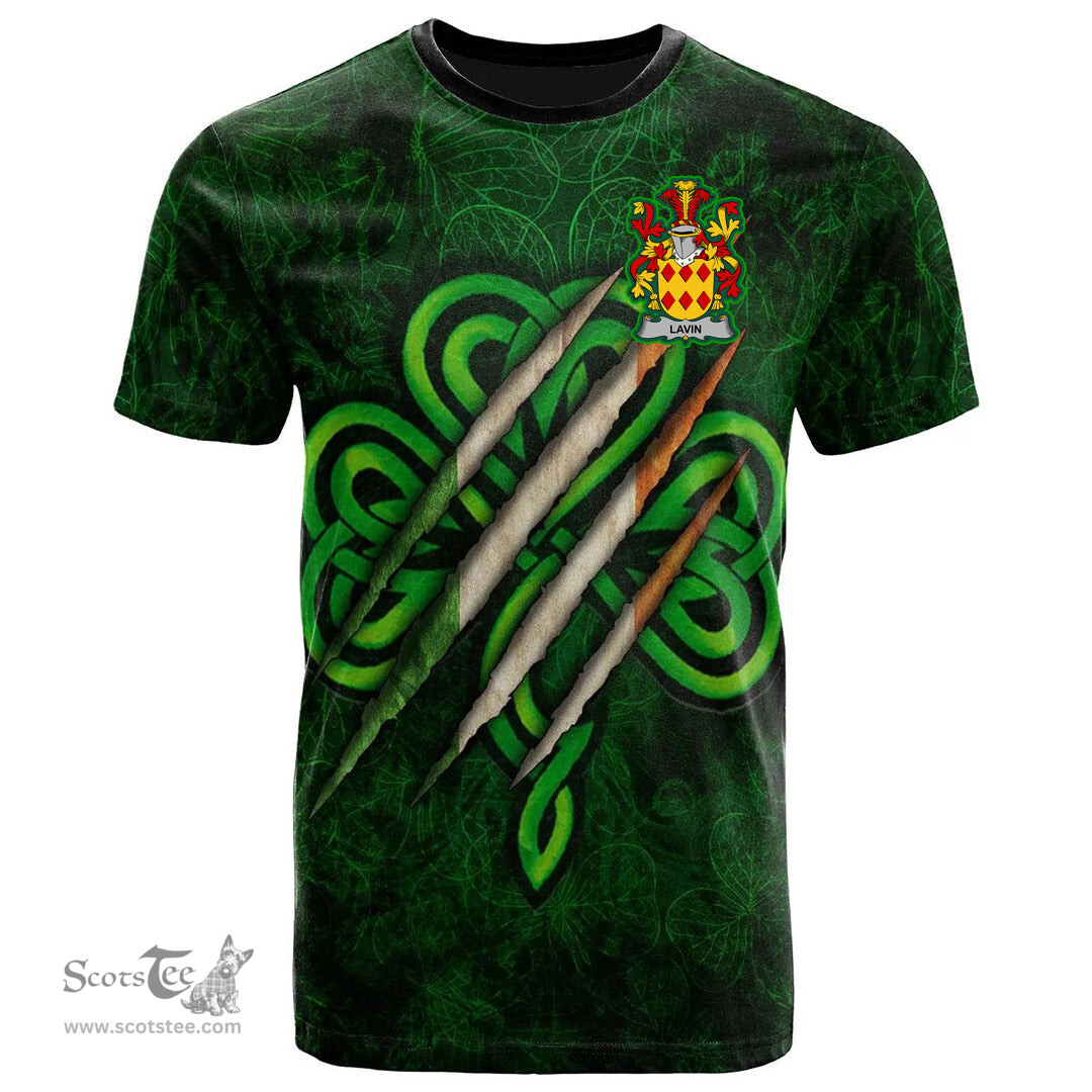 ScotsTee Shop Irish Lavin or O Lavin Coat of Arms Irish T Shirt Irish In Me Shamrock Scratch