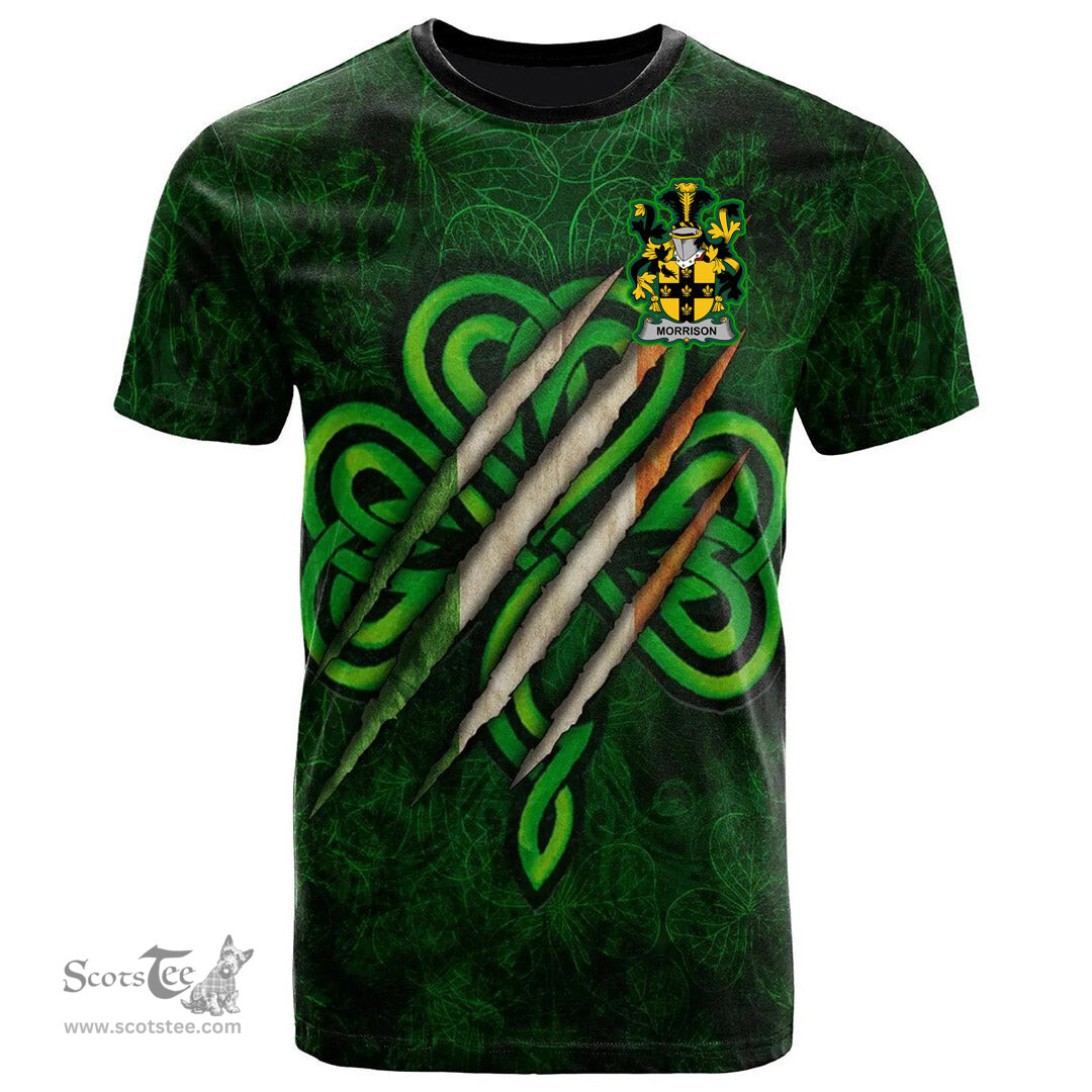 ScotsTee Shop Irish Morrison Coat of Arms Irish T Shirt Irish In Me Shamrock Scratch