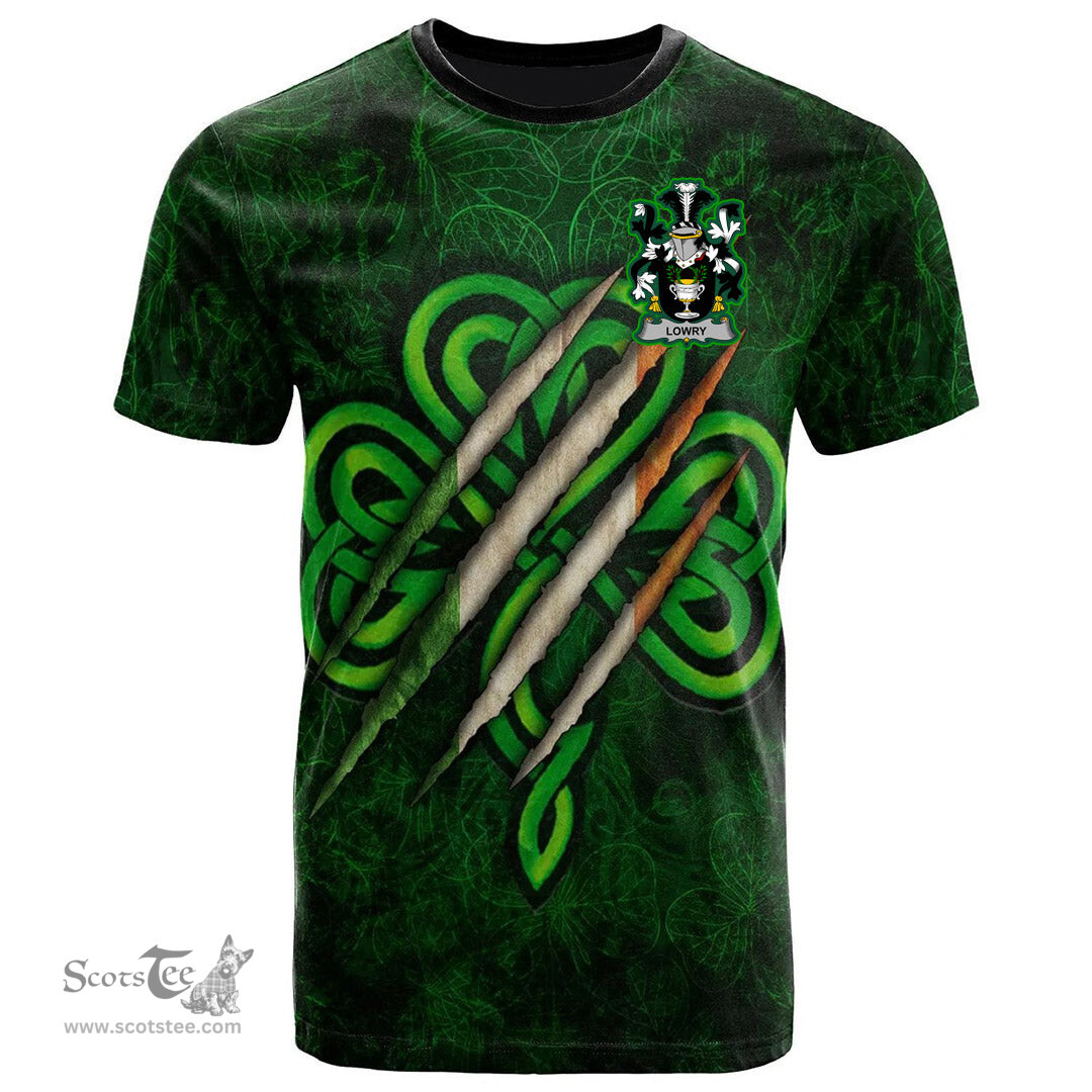 ScotsTee Shop Irish Lowry or Lavery Coat of Arms Irish T Shirt Irish In Me Shamrock Scratch