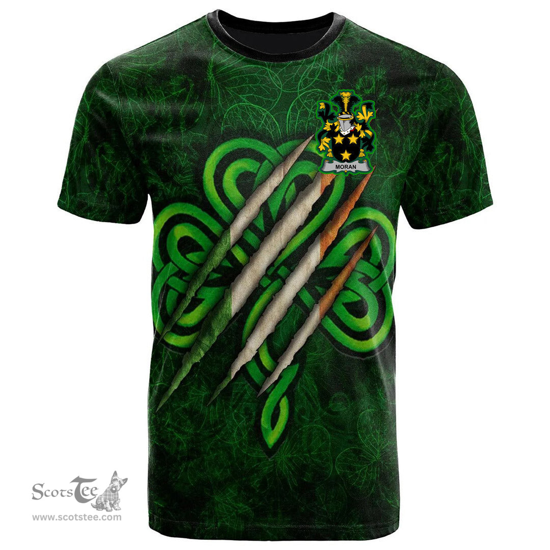 ScotsTee Shop Irish Moran or O Moran Coat of Arms Irish T Shirt Irish In Me Shamrock Scratch