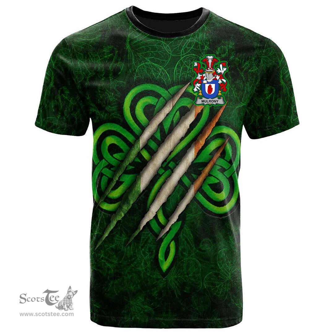 ScotsTee Shop Irish Mulrony or O Mulroney Coat of Arms Irish T Shirt Irish In Me Shamrock Scratch
