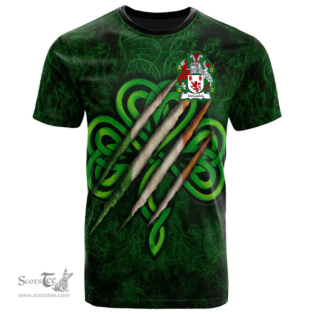 ScotsTee Shop Irish McCauley Coat of Arms Irish T Shirt Irish In Me Shamrock Scratch