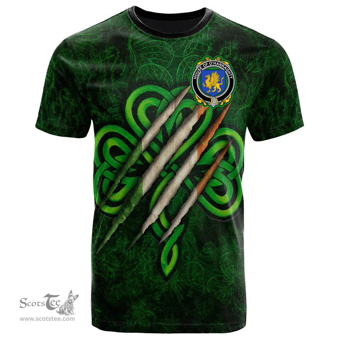 ScotsTee Shop Irish House of O HANRAGHTY Coat of Arms Irish T Shirt Irish In Me Shamrock Scratch
