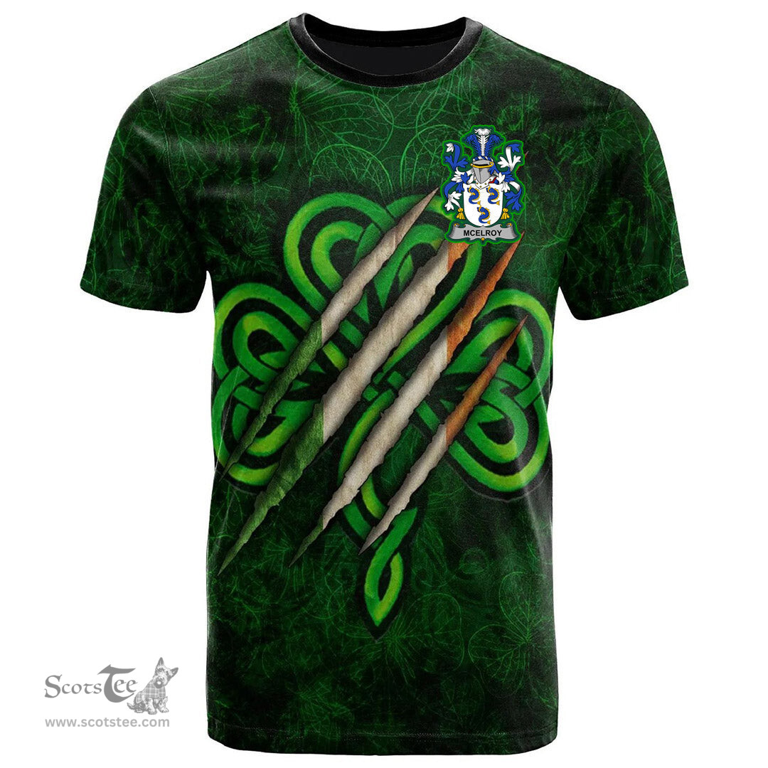 ScotsTee Shop Irish McElroy or Gilroy Coat of Arms Irish T Shirt Irish In Me Shamrock Scratch