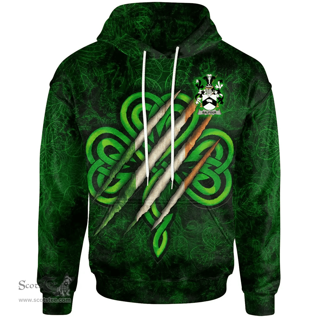 ScotsTee Shop Irish Balfour Coat of Arms Irish Hoodie Irish In Me Shamrock Scratch