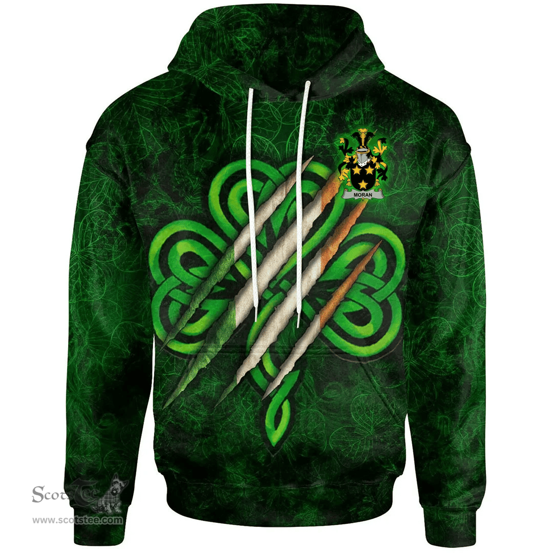 ScotsTee Shop Irish Moran or O'Moran Coat of Arms Irish Hoodie Irish In Me Shamrock Scratch