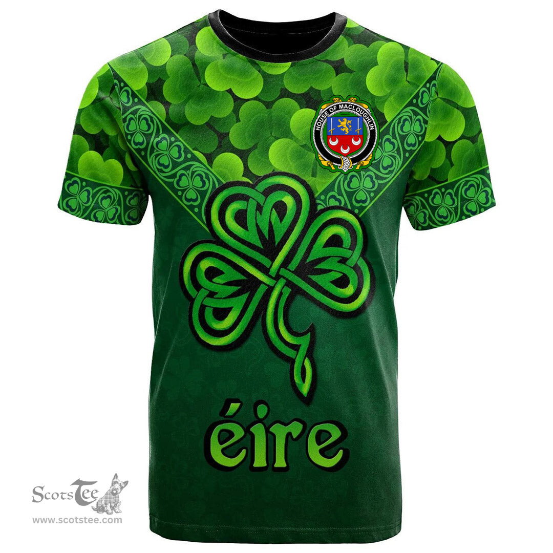 ScotsTee Shop Irish House of MACLOUGHLIN Tirconnell Coat of Arms Irish T Shirt Irish Shamrock Triangle Style