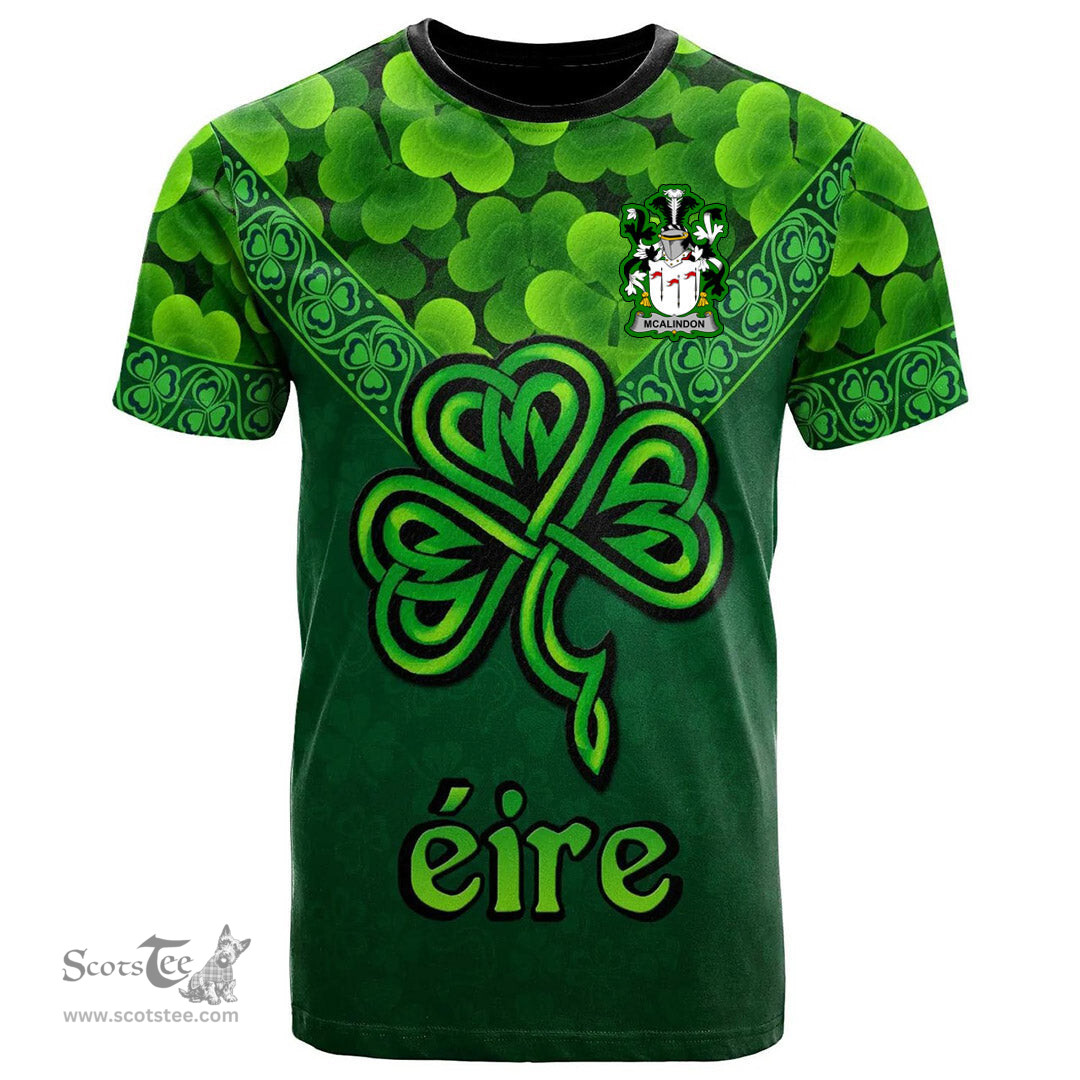 ScotsTee Shop Irish McAlindon or McAlindem Coat of Arms Irish T Shirt Irish Shamrock Triangle Style