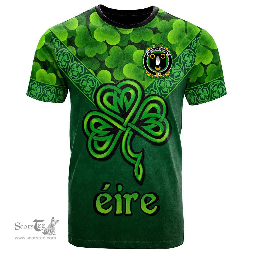ScotsTee Shop Irish House of MANGAN Coat of Arms Irish T Shirt Irish Shamrock Triangle Style