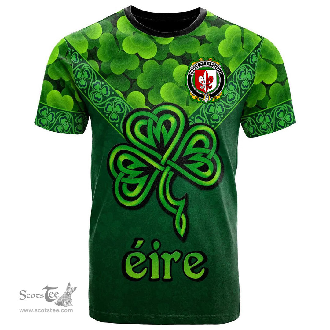 ScotsTee Shop Irish House of SARSFIELD Coat of Arms Irish T Shirt Irish Shamrock Triangle Style