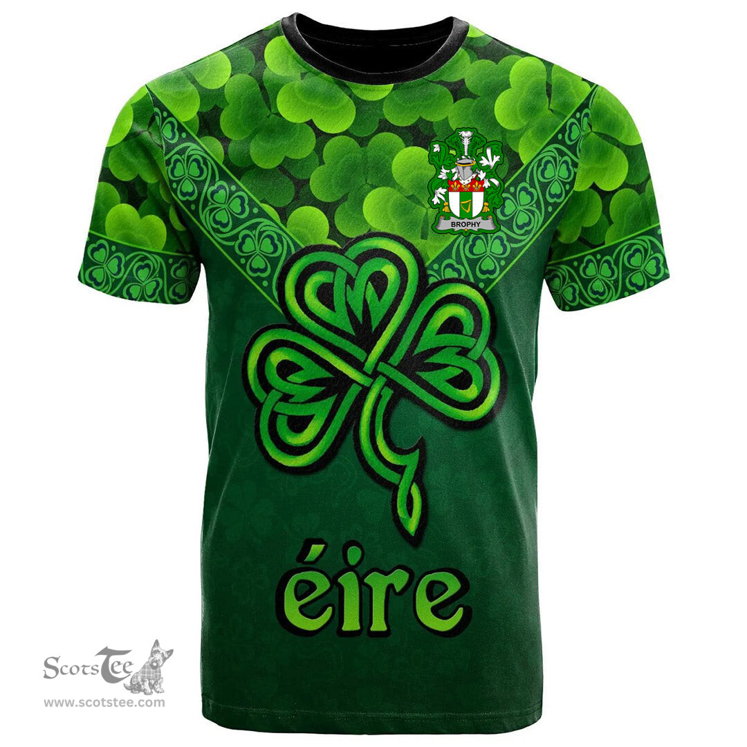 ScotsTee Shop Irish Brophy or O Brophy Coat of Arms Irish T Shirt Irish Shamrock Triangle Style