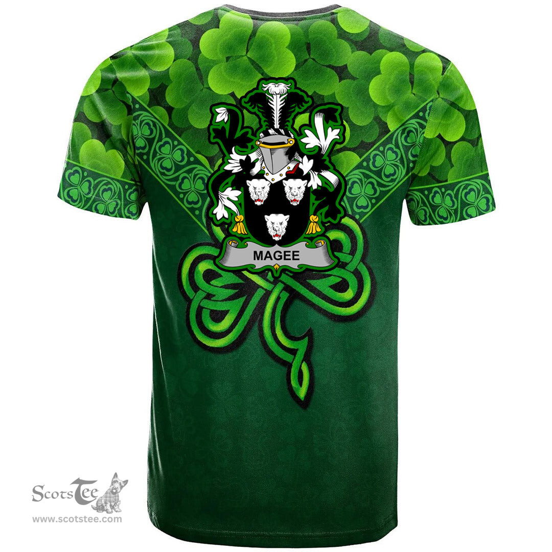ScotsTee Shop Irish Magee or McGee Coat of Arms Irish T Shirt Irish Shamrock Triangle Style