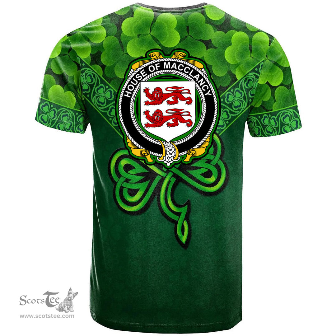 ScotsTee Shop Irish House of MACCLANCY Coat of Arms Irish T Shirt Irish Shamrock Triangle Style