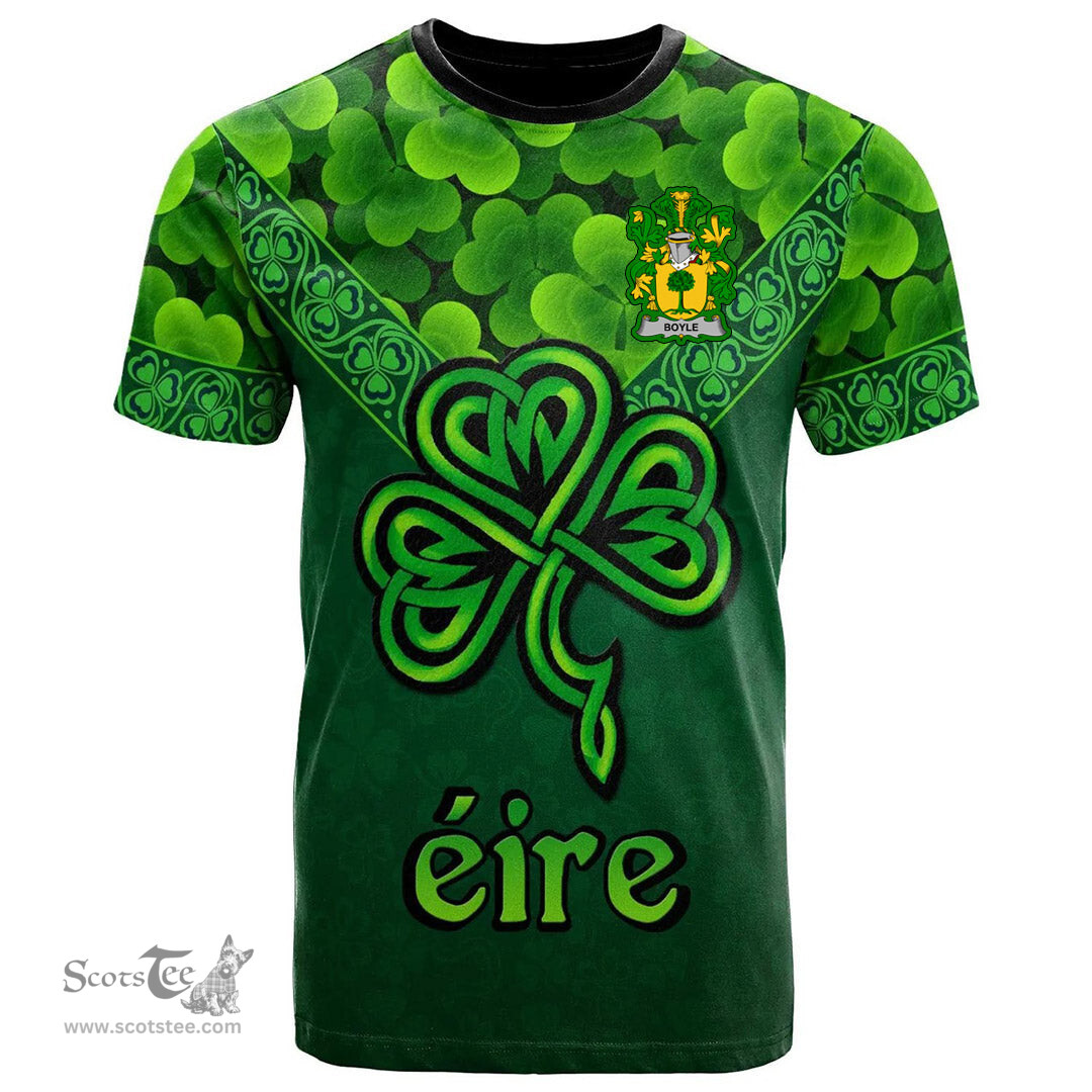 ScotsTee Shop Irish Boyle or O Boyle Coat of Arms Irish T Shirt Irish Shamrock Triangle Style