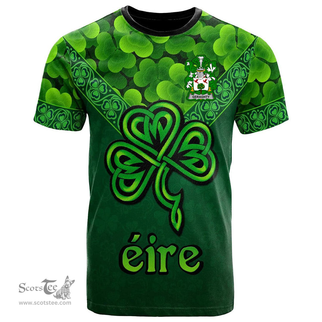 ScotsTee Shop Irish Geraghty or McGarrity Coat of Arms Irish T Shirt Irish Shamrock Triangle Style