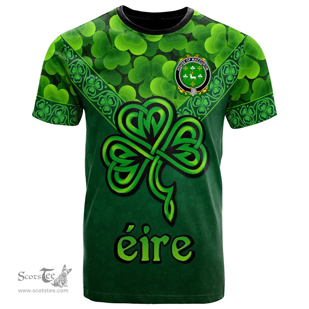 ScotsTee Shop Irish House of MACCURTIN Coat of Arms Irish T Shirt Irish Shamrock Triangle Style