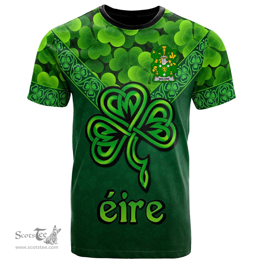 ScotsTee Shop Irish Malone or O Malone Coat of Arms Irish T Shirt Irish Shamrock Triangle Style