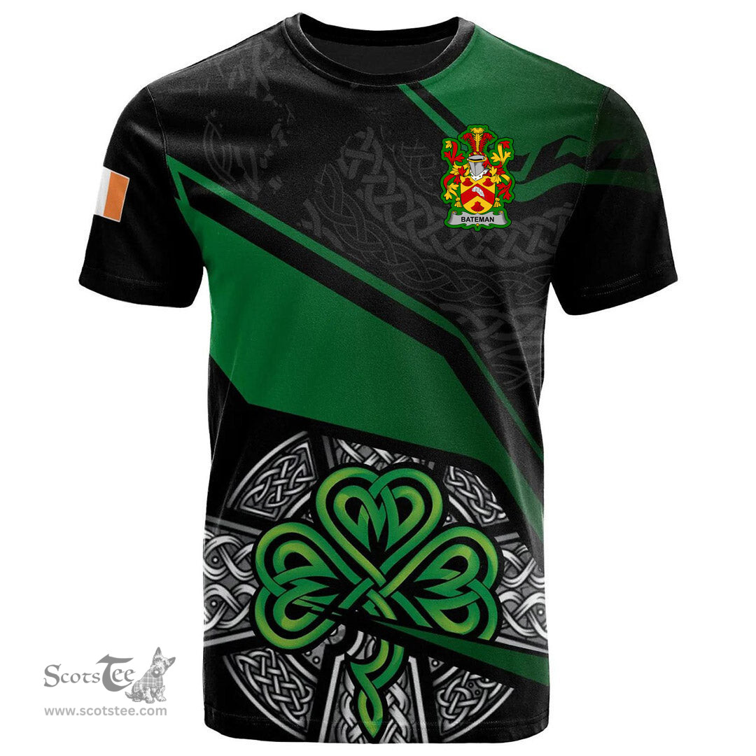 ScotsTee Shop Irish Bateman Coat of Arms Irish T Shirt Irish Celtic Cross & Shamrock