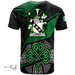 ScotsTee Shop Irish Carey or Cary Coat of Arms Irish T Shirt Irish Celtic Cross & Shamrock