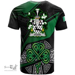 ScotsTee Shop Irish Duane or O Devine Coat of Arms Irish T Shirt Irish Celtic Cross & Shamrock