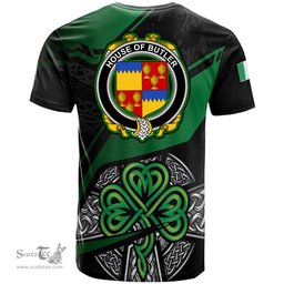 ScotsTee Shop Irish House of BUTLER Coat of Arms Irish T Shirt Irish Celtic Cross & Shamrock