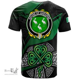 ScotsTee Shop Irish House of AHEARNE Aherne Coat of Arms Irish T Shirt Irish Celtic Cross & Shamrock