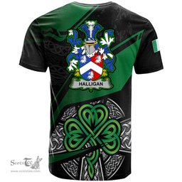 ScotsTee Shop Irish Halligan or O Halligan Coat of Arms Irish T Shirt Irish Celtic Cross & Shamrock