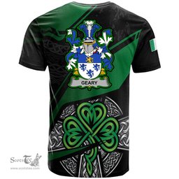 ScotsTee Shop Irish Geary or O Geary Coat of Arms Irish T Shirt Irish Celtic Cross & Shamrock