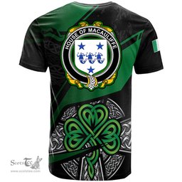 ScotsTee Shop Irish House of MACAULIFFE Coat of Arms Irish T Shirt Irish Celtic Cross & Shamrock