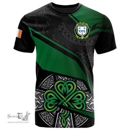 ScotsTee Shop Irish House of MACAULIFFE Coat of Arms Irish T Shirt Irish Celtic Cross & Shamrock
