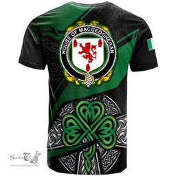 ScotsTee Shop Irish House of MACGEOGHEGAN Coat of Arms Irish T Shirt Irish Celtic Cross & Shamrock