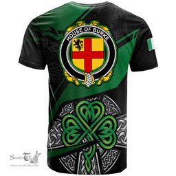 ScotsTee Shop Irish House of BURKE Coat of Arms Irish T Shirt Irish Celtic Cross & Shamrock