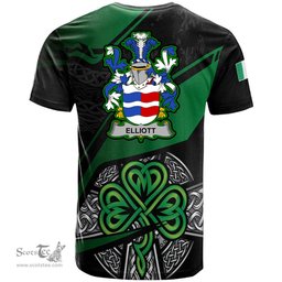 ScotsTee Shop Irish Elliott Coat of Arms Irish T Shirt Irish Celtic Cross & Shamrock