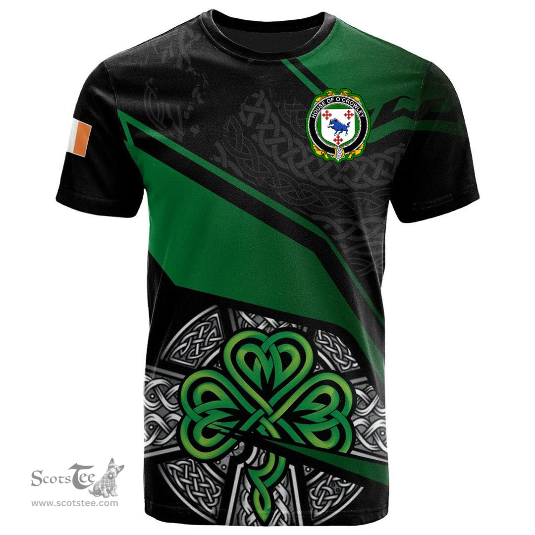 ScotsTee Shop Irish House of CROWLEY Coat of Arms Irish T Shirt Irish Celtic Cross & Shamrock