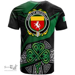 ScotsTee Shop Irish House of MACQUILLAN Coat of Arms Irish T Shirt Irish Celtic Cross & Shamrock