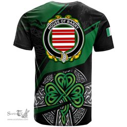 ScotsTee Shop Irish House of BARRY Coat of Arms Irish T Shirt Irish Celtic Cross & Shamrock